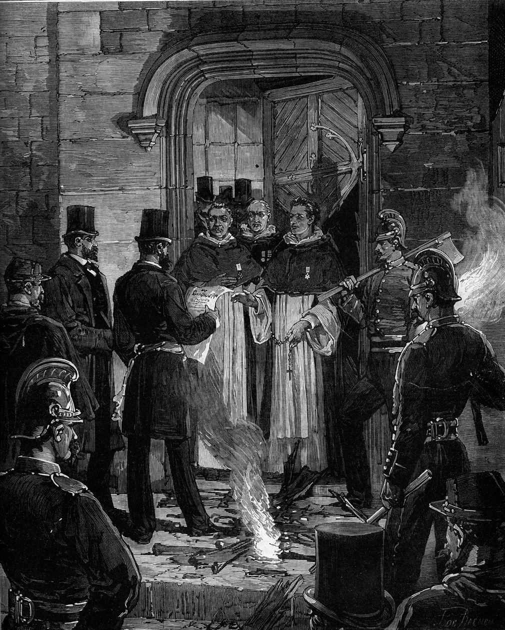Utvisning av dominikaner från Rue de Jean de Beauvais i Paris till följd av dekreten från mars 1880 som fattades av Jules Ferry och som tar bort rätten att undervisa medlemmar av otillåtna religiösa församlingar: läsning av akten om anmälan av dekret till  av Frederic de Haenen