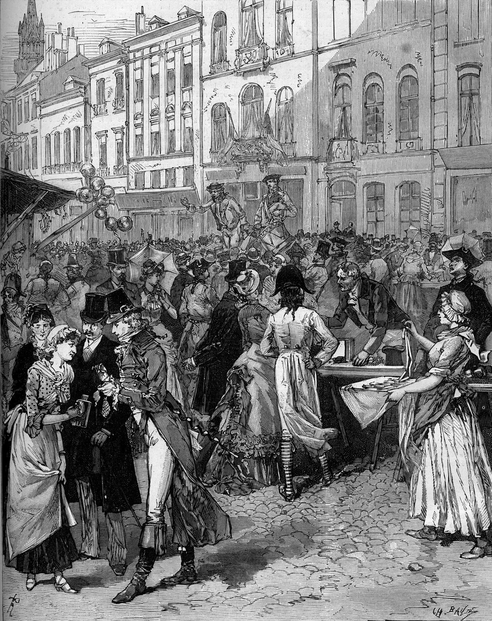 Historiskt firande av minnet av belägringen av Lille 1792: Braderie Watteau (stor mässa) på gatorna i staden med de fashionabla invånarna från 1700-talet. Gravyr av De Haenen i "" Le Monde Illustré"" nr 1334 av 21 okt. av Frederic de Haenen