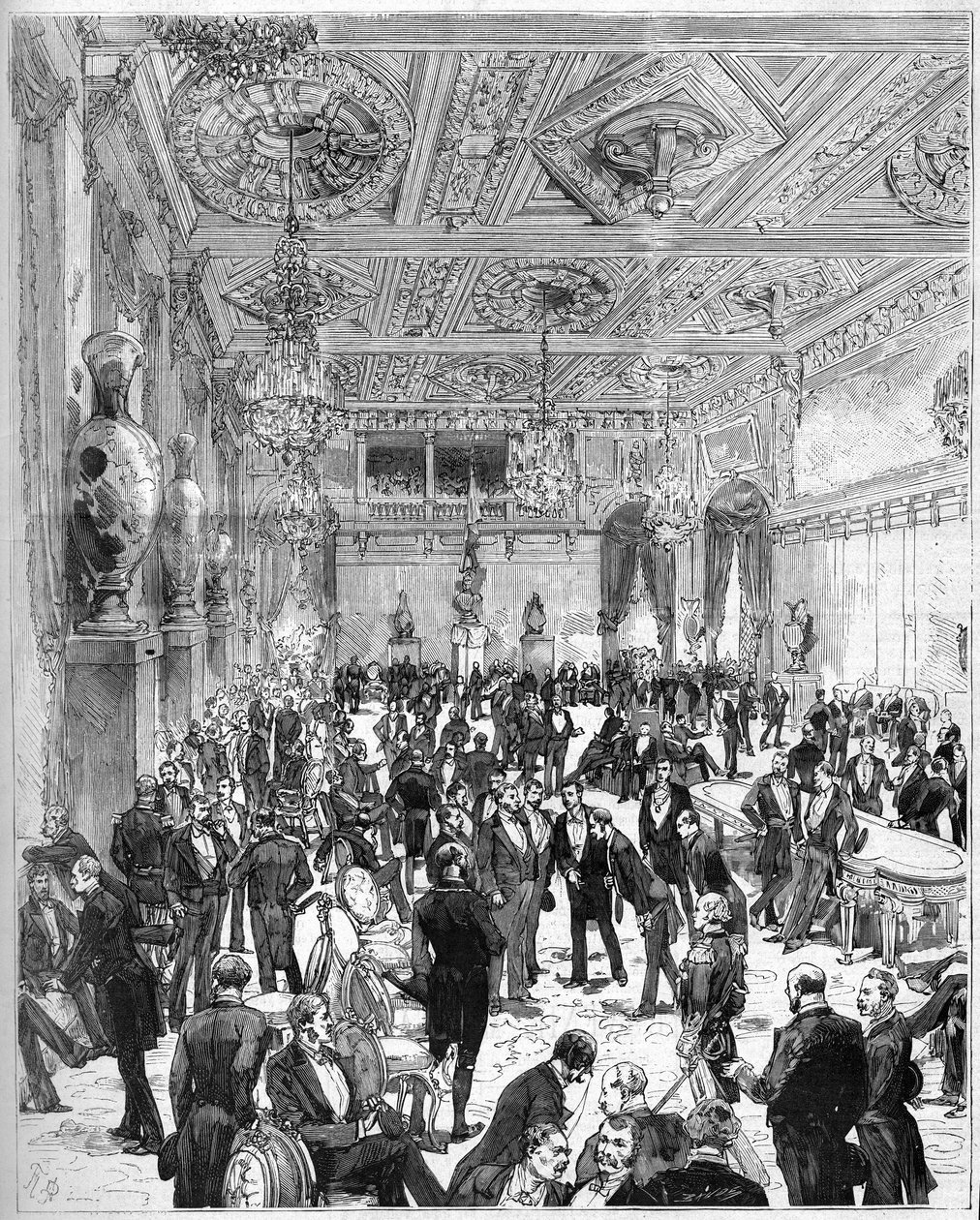 Invigning av Hotel de Ville de Paris den 14 juli 1882, återuppbyggt efter branden 1871: utsikt över kommunfullmäktiges rum vid ankomsten av president Jules Grevy (1807-1891). Gravyr av De Haenen och Dosso i ""The Illustrous World"" nr 1321 den 22 juli av Frederic de Haenen