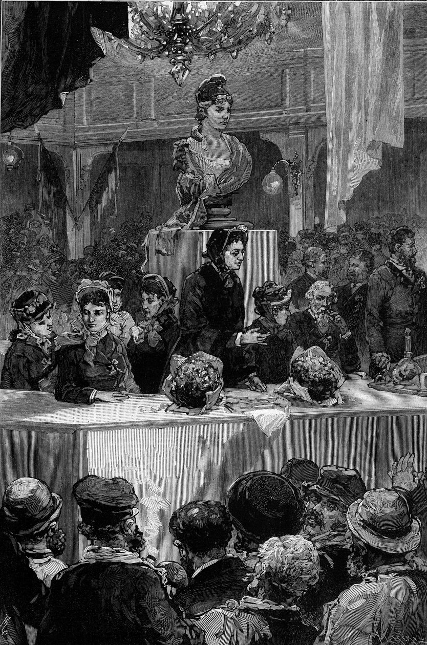 Föreläsning av Louise Michel (1830-1905), Graffard-rummet i Paris, 30 november 1880. Gravyr av de Haenen i ""The Illustrous World"" nr 1237 av 11 december 1880. av Frederic de Haenen