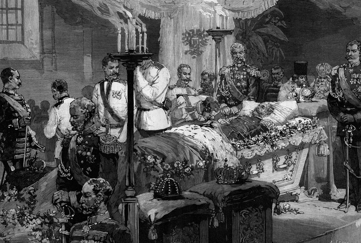 Soldater från slagskeppsregementet Alexander II (1818-1881) kommer att kyssa den bortgångne tsarens hand i St. Peter och Pauls katedral av St. Petersburg (S:t Petersburg) av Frederic de Haenen