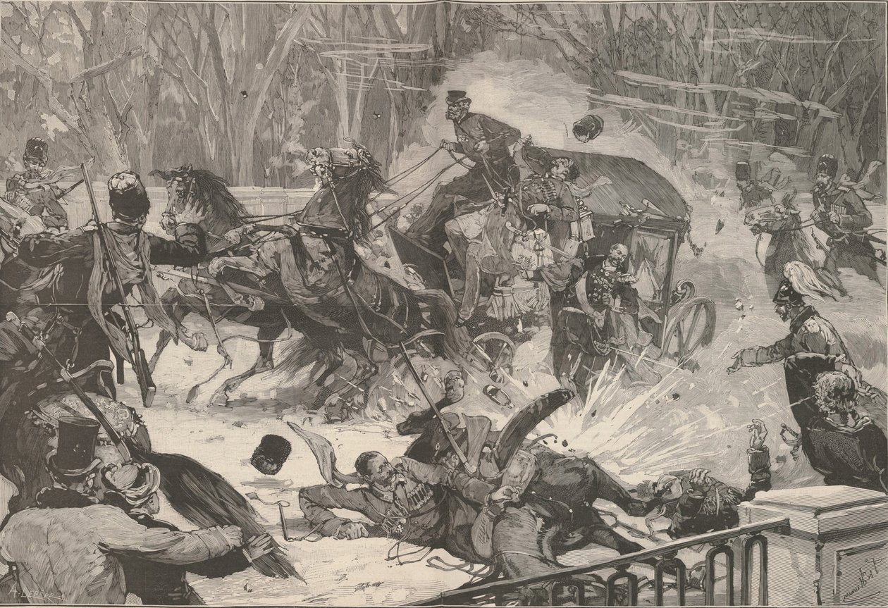 Mordet på Alexander II den 13 mars 1881. Ur Le Monde Illustré, 1881. av Frederic de Haenen