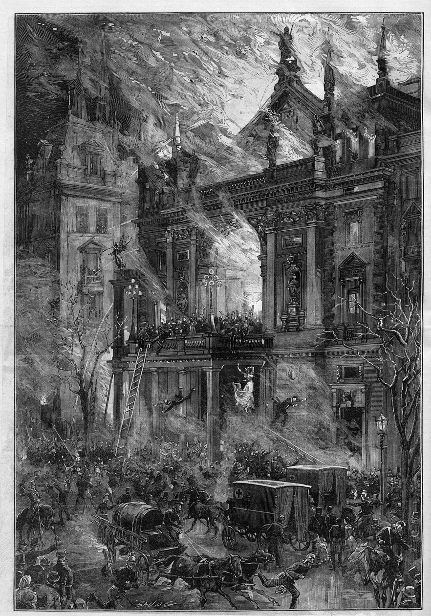 Branden på Opera Wiener Ringtheater i Wien (Österrike) den 5 december 1881. Gravyr av De Haenen i "" Le Monde Illustré"" nr 1291 den 24 december 1881. av Frederic de Haenen