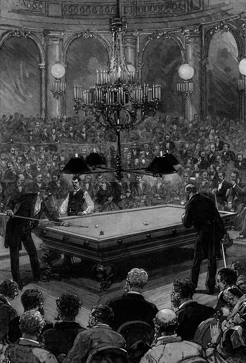 Den stora internationella biljardmatchen mellan Mr. Slosson, amerikansk mästare, och Mr. Vignaux, fransk mästare, i Zodiaque-rummet på Grand Hotel de Paris av Frederic de Haenen