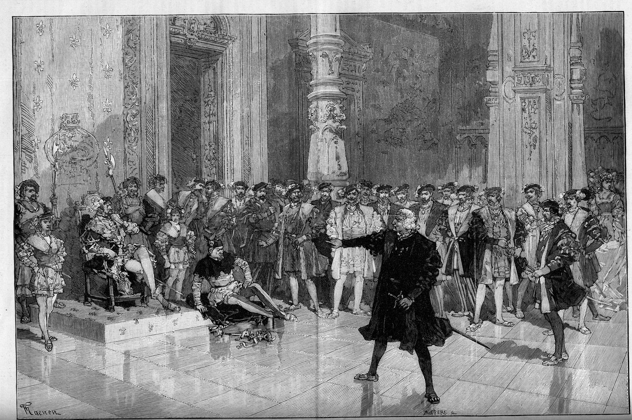 Teaterframställning: "Kungen har roligt" av Victor Hugo (1808-1883). Akt I scen 5: ett rum på Louvren, förbannelsen. M. de Saint Vallier (Saint-Vallier) före kung Francois I (Mounet Sully (eller Mounet Sully) 1841-1916) och gycklaren Triboulet (Edmond) av Frederic de Haenen