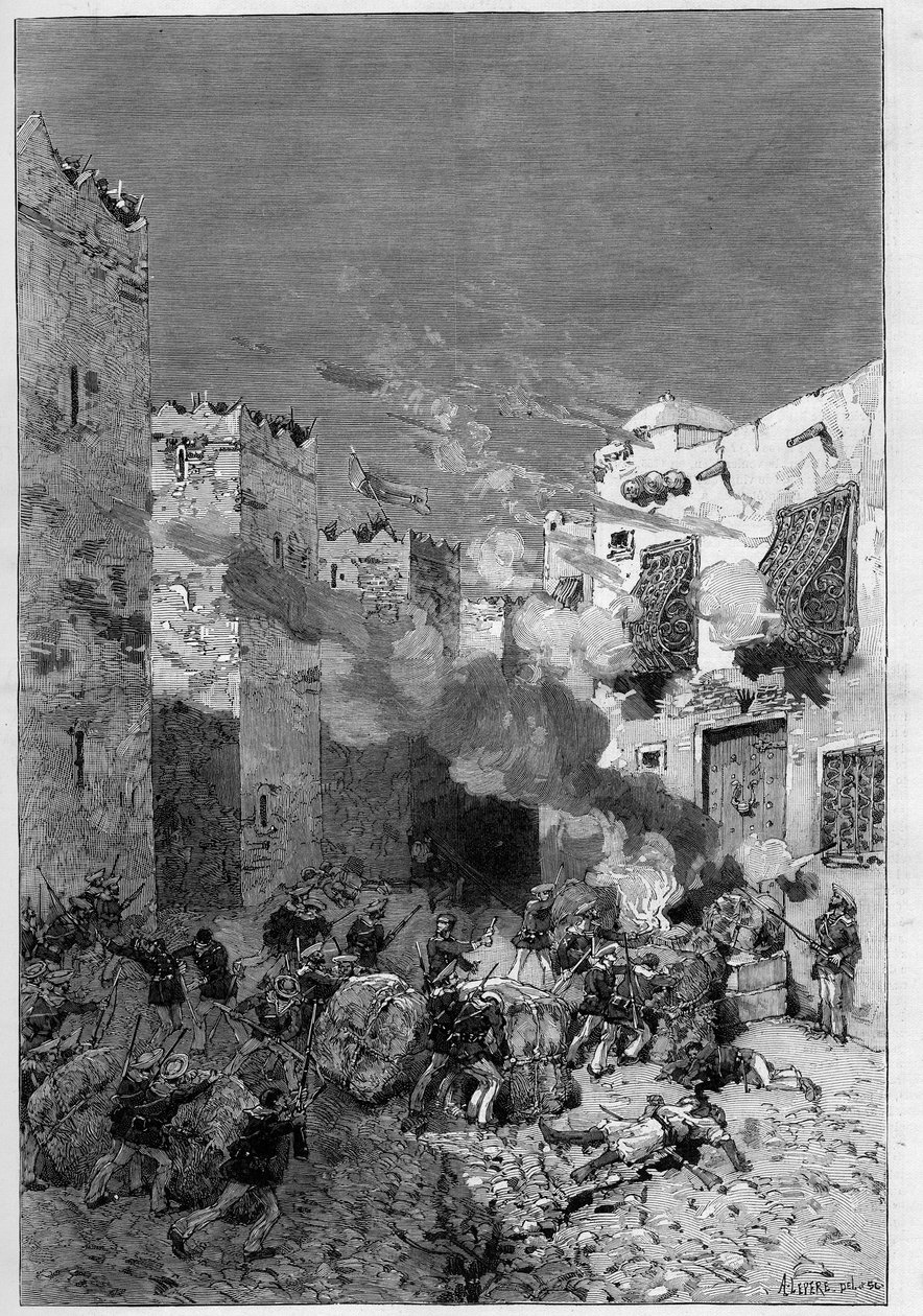 Tunisien, juli 1881: Franska trupper intog staden Stax efter invånarnas revolt mot det franska protektoratet Tunisien. Marinvapen röker arabiska hus belägna vid foten av kasbahen (kasbah) - Gravyr av De Haenen i "" The Illust av Frederic de Haenen