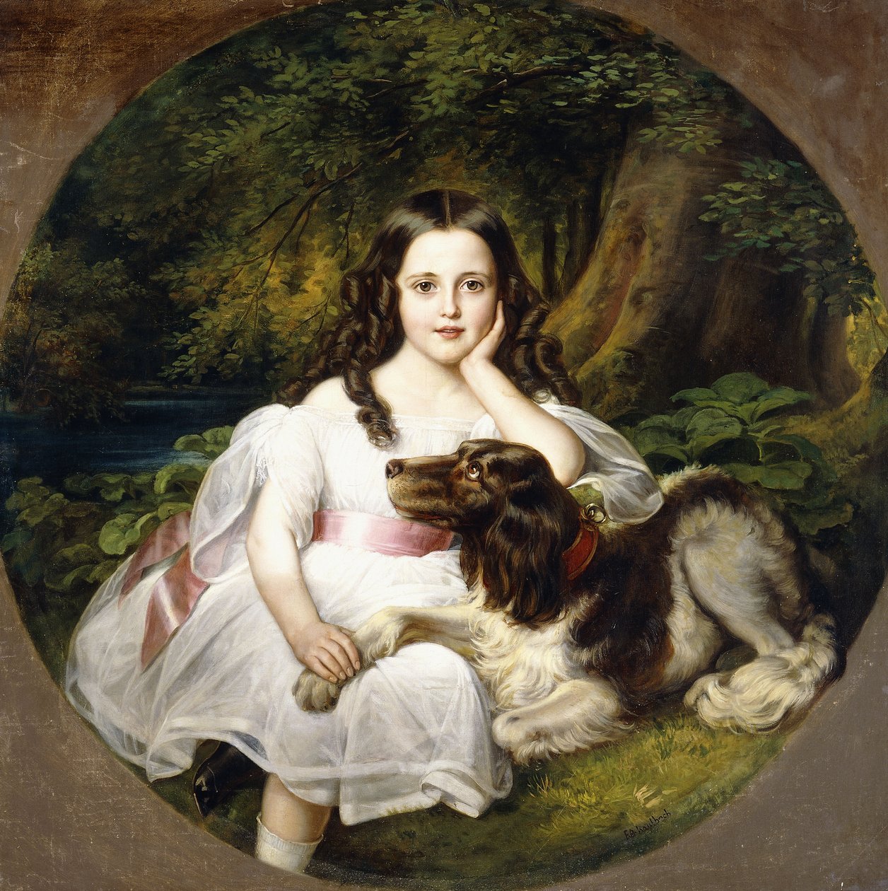En ung flicka vilar i ett landskap med sin hund, av Frederich August Kaulbach