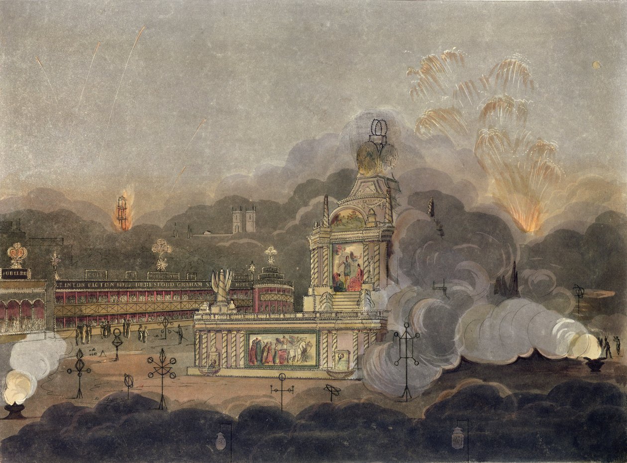 En vy av Temple of Concord i Green Park, 1 augusti 1814 (akvatint) av Frederick Calvert
