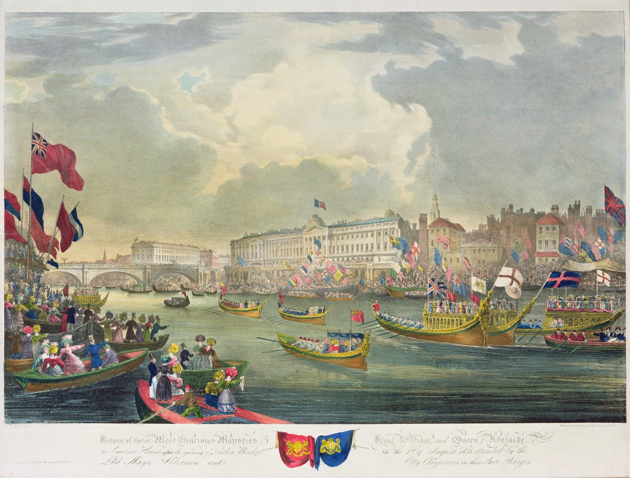 Utsikt över Themsen när kung William IV och drottning Adelaide öppnade London Bridge, graverad av William Day (1797-1845) 1831 av Frederick Calvert