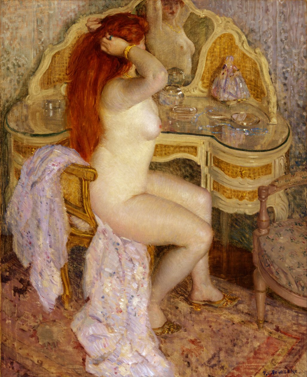 Naken sitter vid sitt sminkbord av Frederick Carl Frieseke