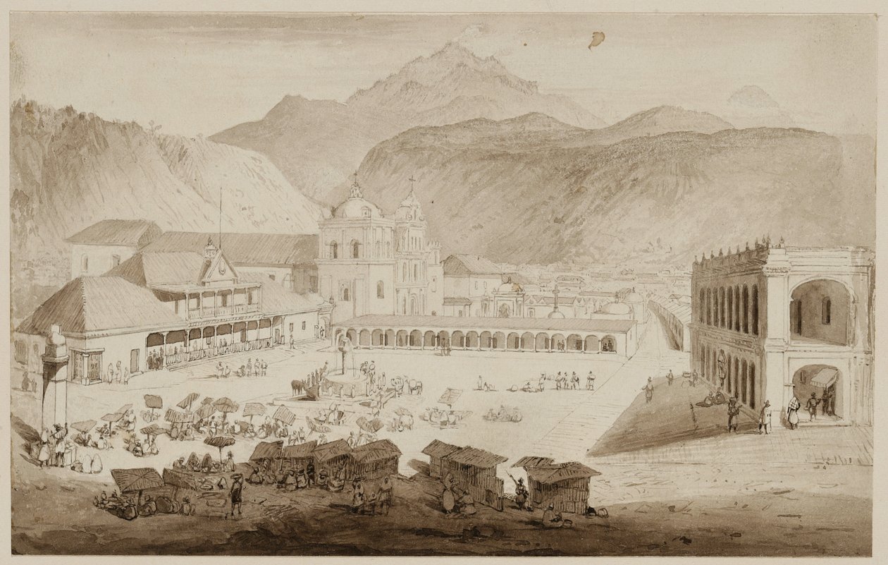 Staden Quezaltenango, Centralamerika, 1840 (penna och bläck med tvätt på krämpapper) av Frederick Catherwood