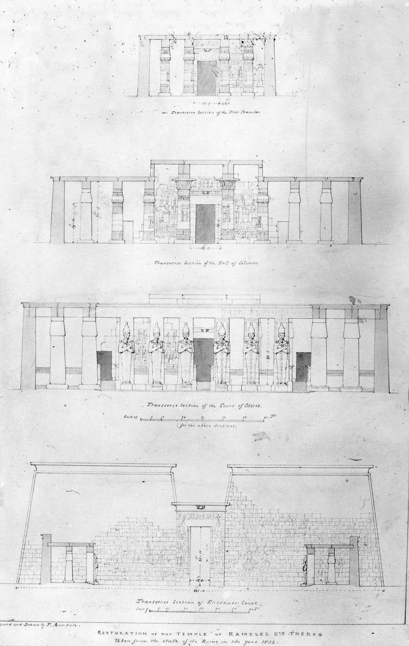 Restaurering av Ramses II-templet i Thebe, ritat och uppmätt av F. Avondale av Frederick Catherwood