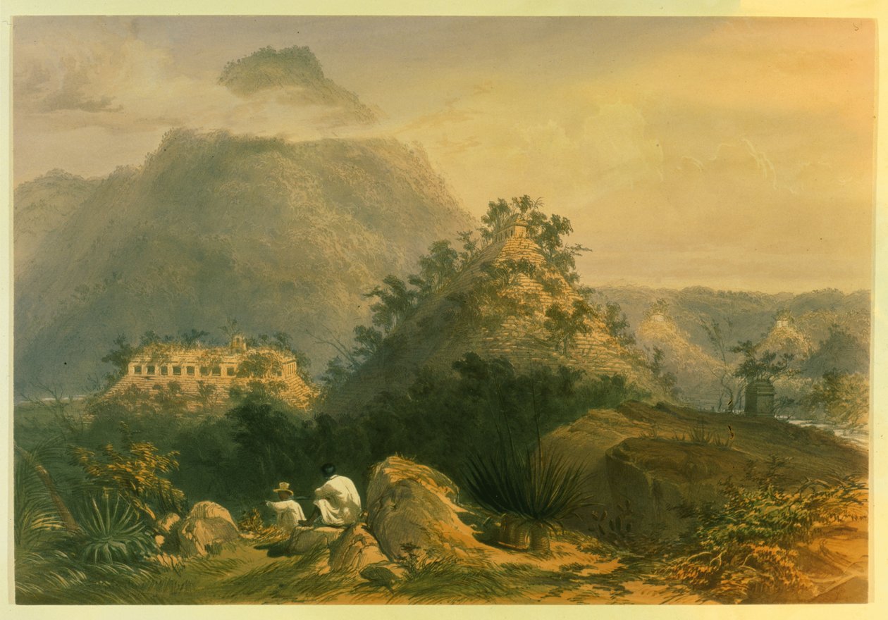 Utsikter över antika monument i Palenque, illustration från "Incidents of Travel in Central America, Chiapas and Yucatan" av John Lloyd Stephens, 1844 av Frederick Catherwood
