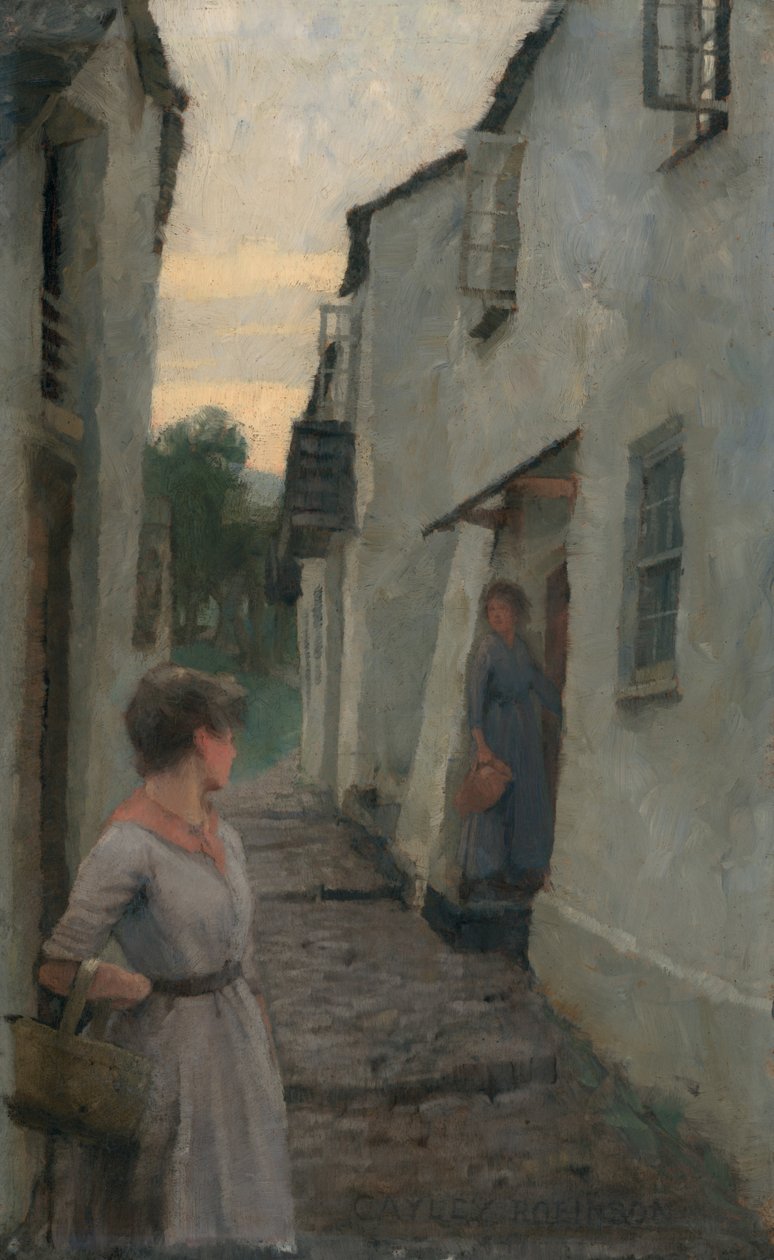Gatubild med figur, Cornwall (olja ombord) av Frederick Cayley Robinson