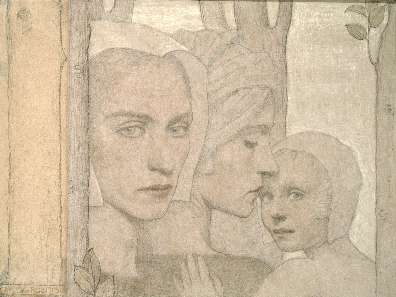 De två systrarna, 1908 (penna och krita på papper) av Frederick Cayley Robinson