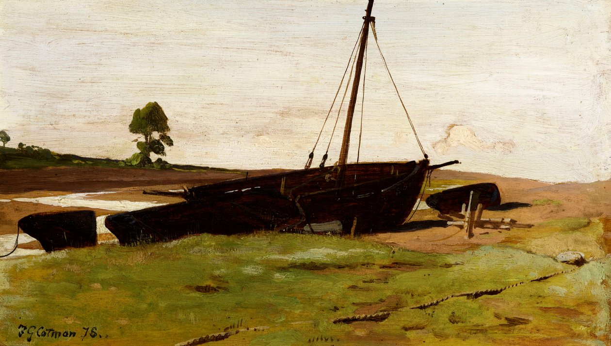 Strandade båtar, Porlock Weir, 1879 av Frederick George Cotman
