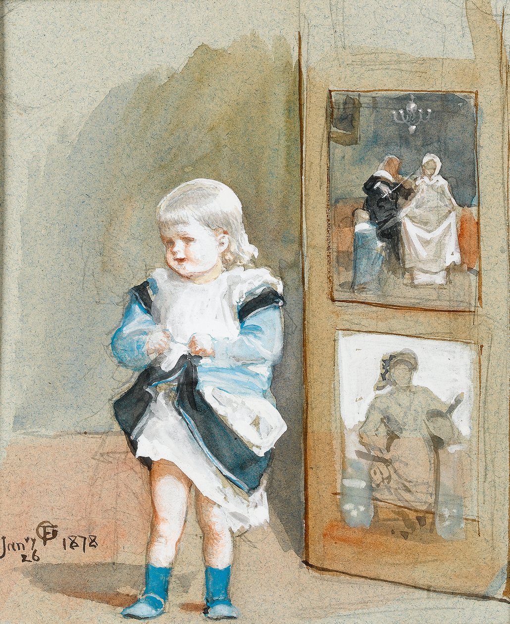 Frederica, konstnärens dotter, stående vid en målad skärm, 1878 (wc på papper) av Frederick Goodall