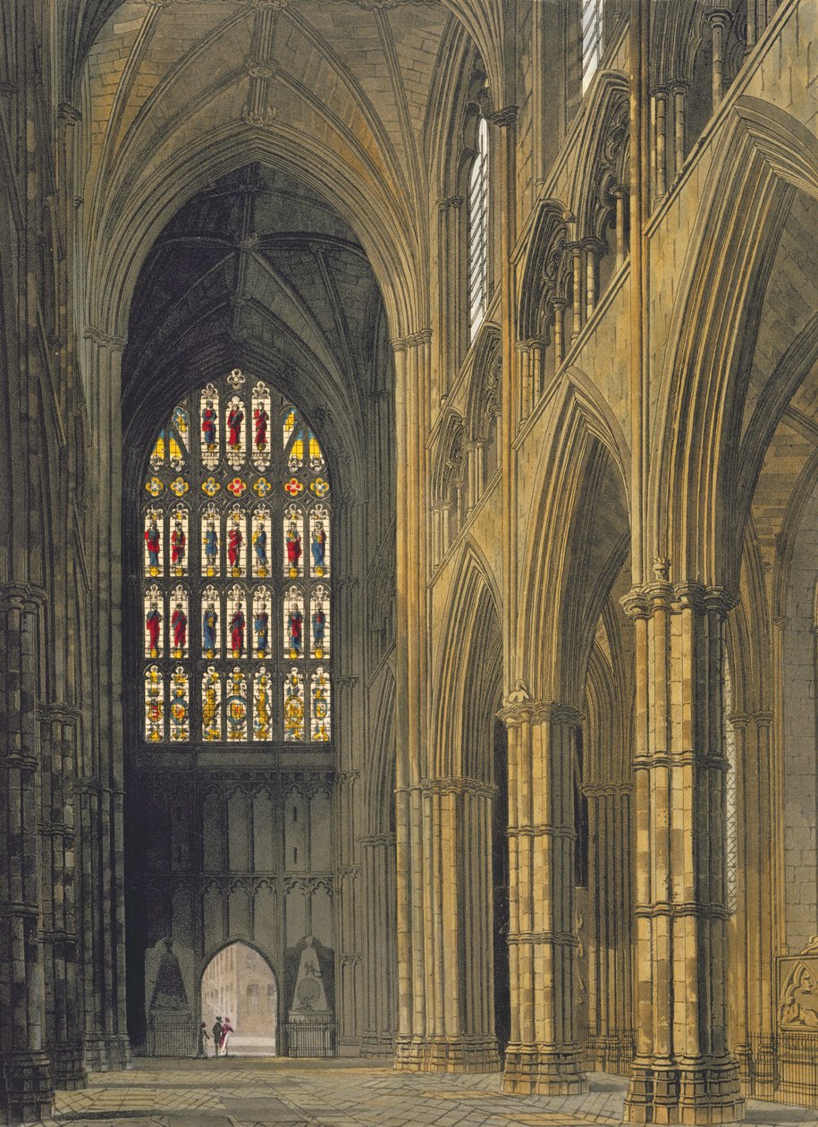 Interiör av Westminster Abbey mot den västra ingången, tavla 6 från Westminster Abbey, graverad av J. Bluck (fl.1791-1831), utgiven av Rudolph Ackermann (1764-1834) 1811 (akvatint). av Frederick Mackenzie