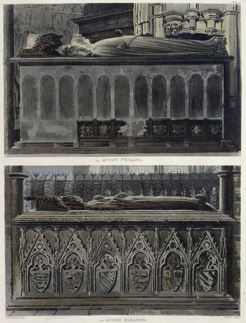 Drottning Philippas och drottning Eleanors gravar, tavla 51 från Westminster Abbey, graverad av J. Bluck (fl.1791-1831), utgiven av Rudolph Ackermann (1764-1834) 1812 (akvatint). av Frederick Mackenzie