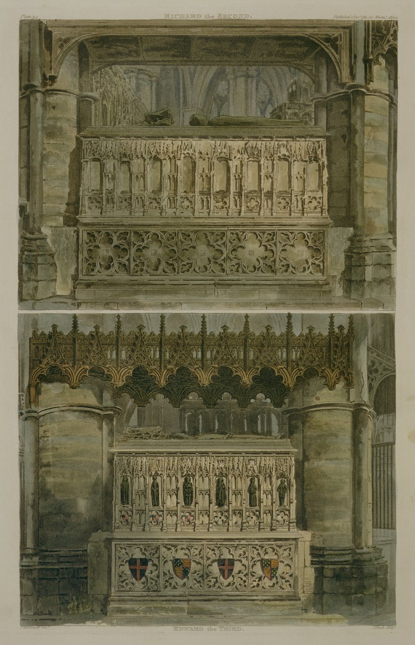 Richard II:s och Edvard III:s gravar, tavla 34 från Westminster Abbey, graverad av J. Bluck (fl.1791-1831), utgiven av Rudolph Ackermann (1764-1834) 1811 (akvatint). av Frederick Mackenzie