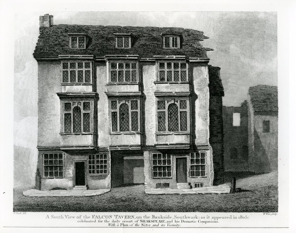 En södervy av Falcon Tavern, på Bankside, Southwark, graverad av William Wise, 1811 av Frederick Nash