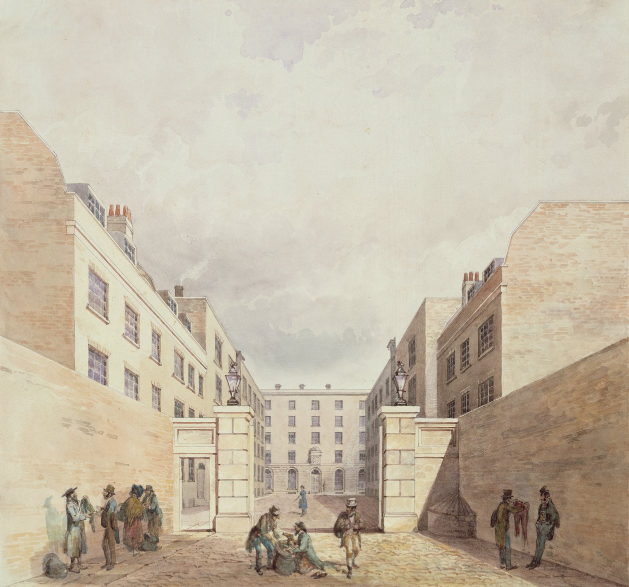 Utsikt över Ostindiska kompaniets lager från Cutler Street, 1836 av Frederick Nash