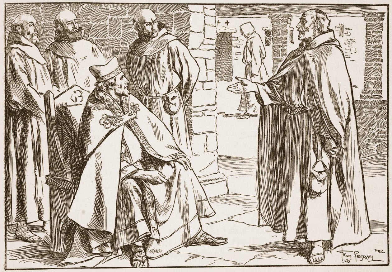 Biskop Dagan diskuterade med Laurence skillnaderna mellan romerska och keltiska samfund, illustration från "The Church of England: A History for the People" av H.D.M. Spence-Jones, pub. c.19. av Frederick Pegram