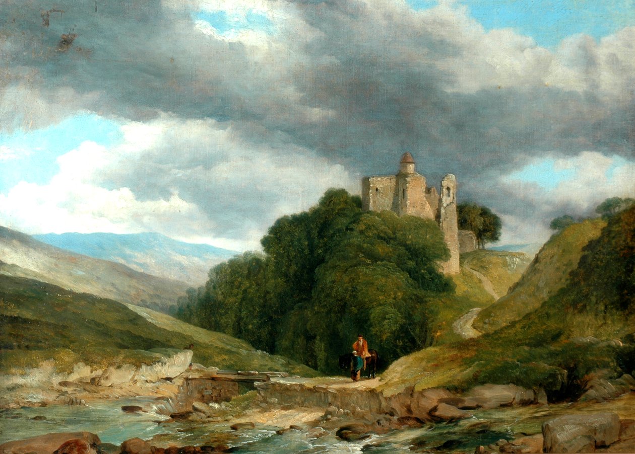 Landskap med ruinerat slott, 1864 (olja på duk, fodrad om) av Frederick Richard Lee