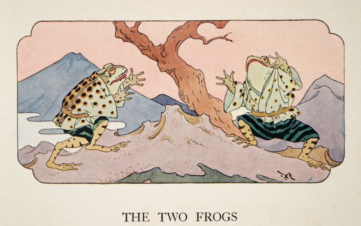 De två grodorna, illustration från Little Peaching and Other Tales of Old Japan, ca. 1928 av Frederick Richardson
