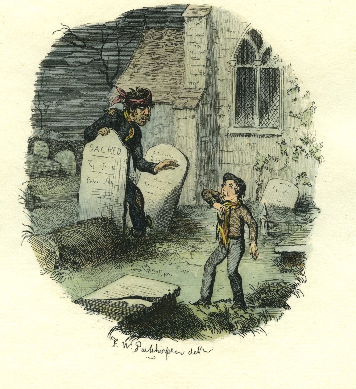 Pip and the Convict, Great Expectations, c.1885 (handfärgad etsning) av Frederick W. Pailthorpe