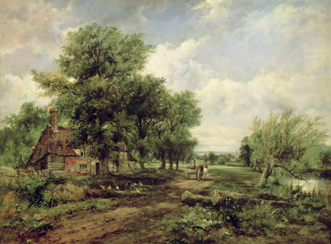 Skogbevuxen flodlandskap med en stuga och en hästdragen vagn av Frederick Waters Watts