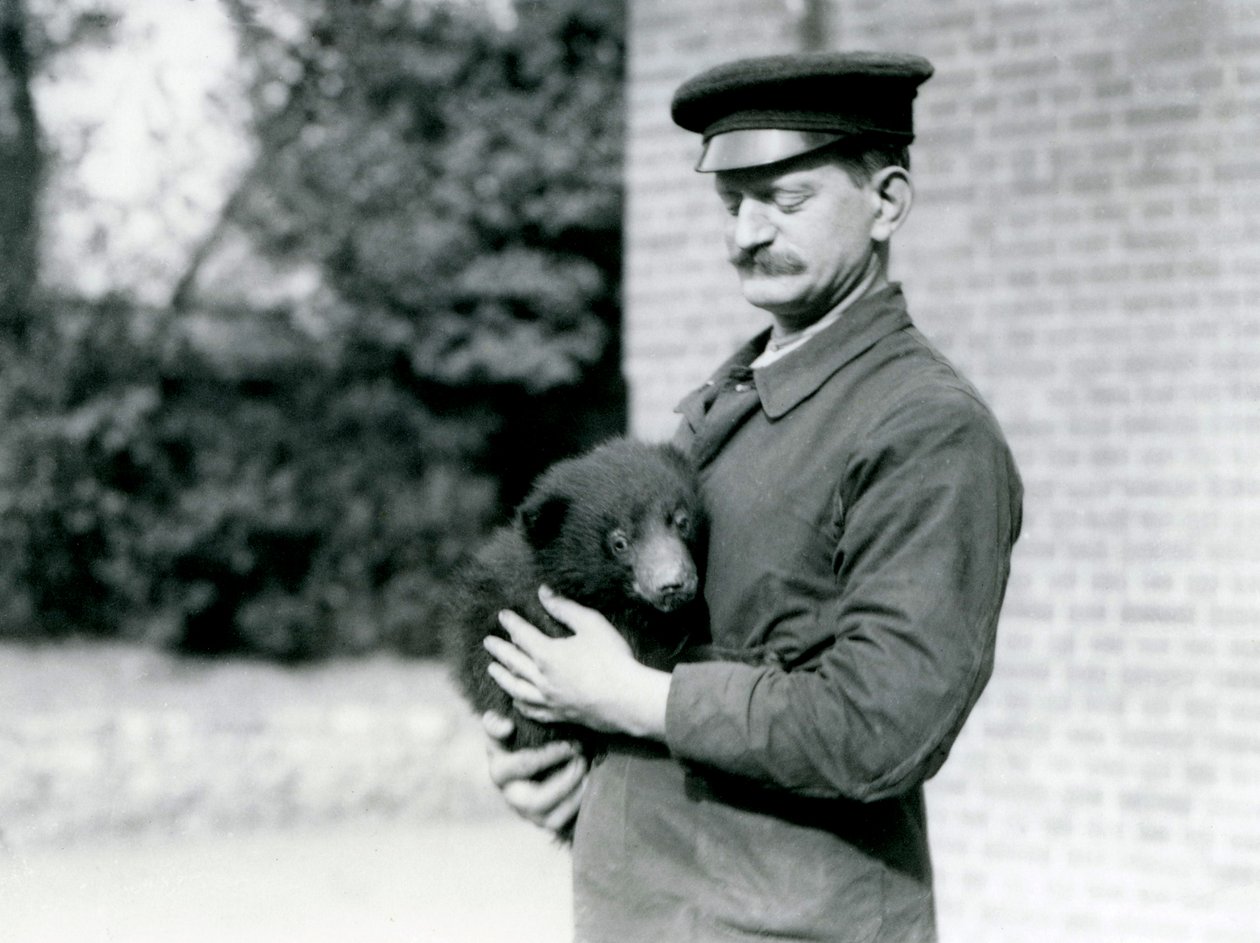 A Keeper håller en sengångsbjörnunge på London Zoo, augusti 1921 av Frederick William Bond