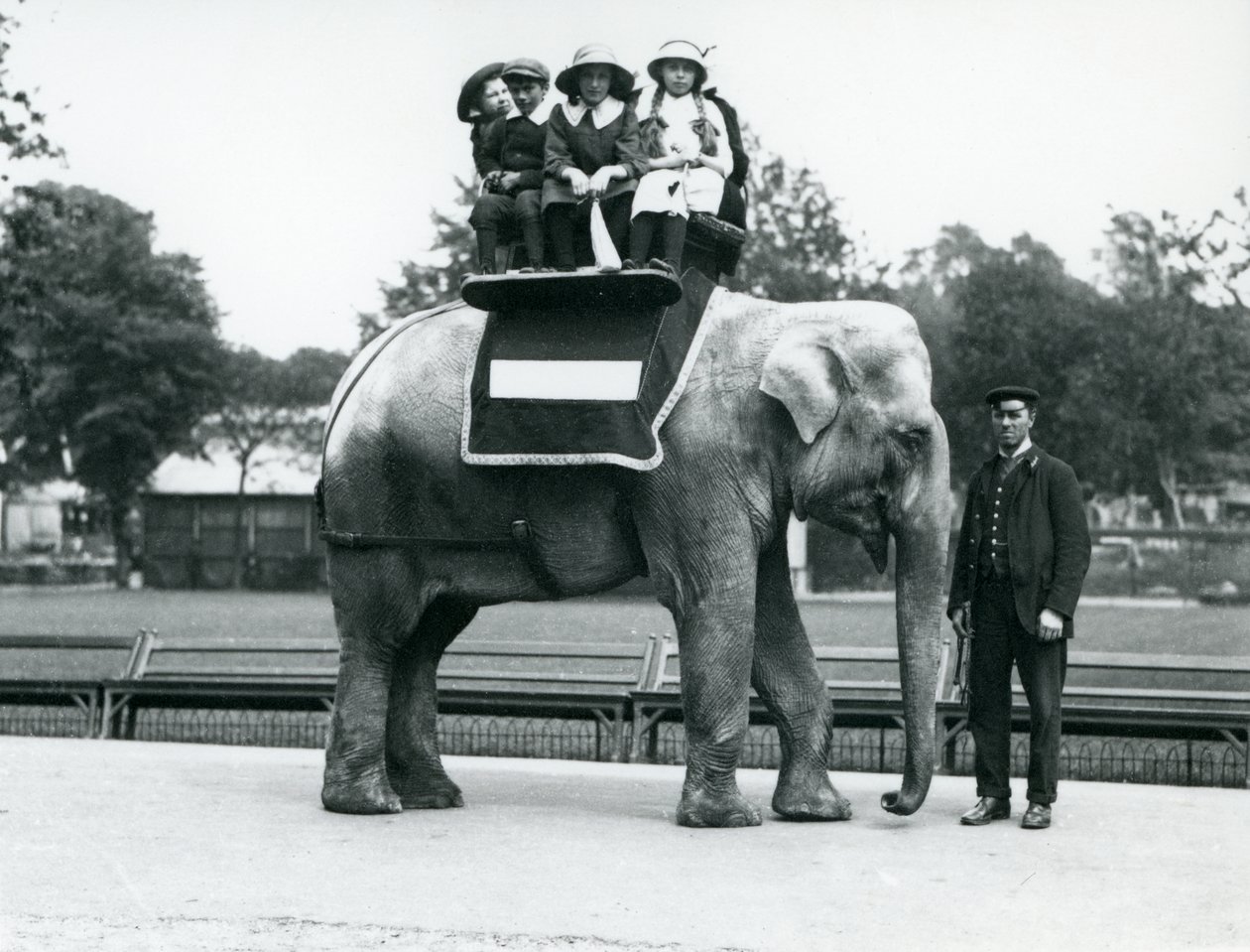 En kvinnlig indisk elefant "Nellie", med djurskötare, ger barn en tur på London Zoo, maj 1914 av Frederick William Bond