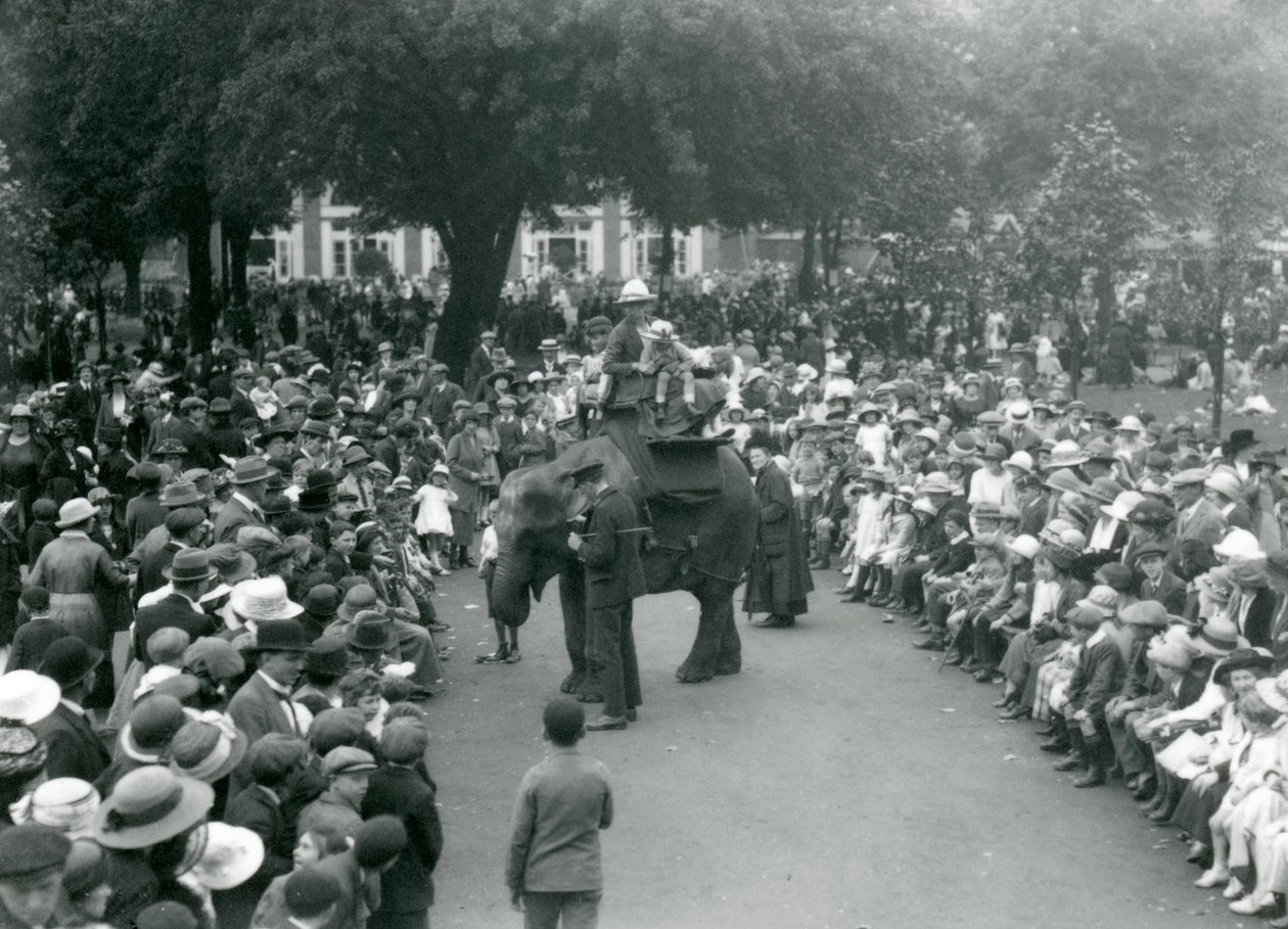 Massor av besökare tittar på en elefantridning på London Zoo, helgdag i augusti 1922 av Frederick William Bond