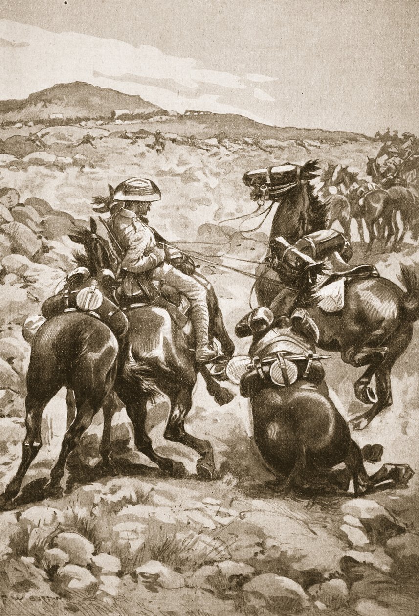 I hälarna på De Wet: Mounted Infantry attackerar ett vagnståg, illustration från 