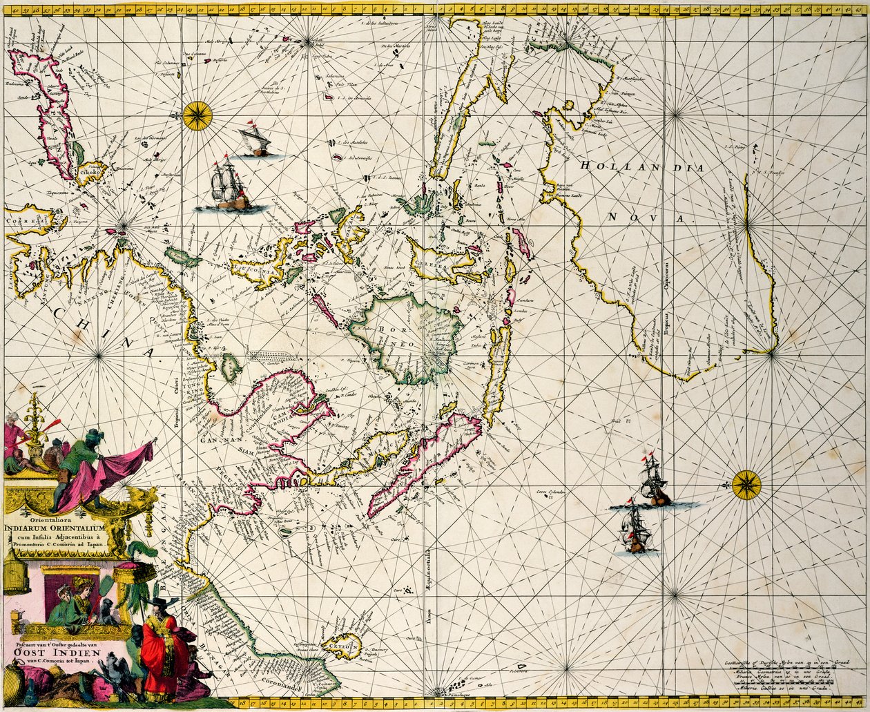 Ostindien: Havs- och kustkarta som sträcker sig från södra Indien till Japan genom den ostindiska ögruppen av Frederick de Wit