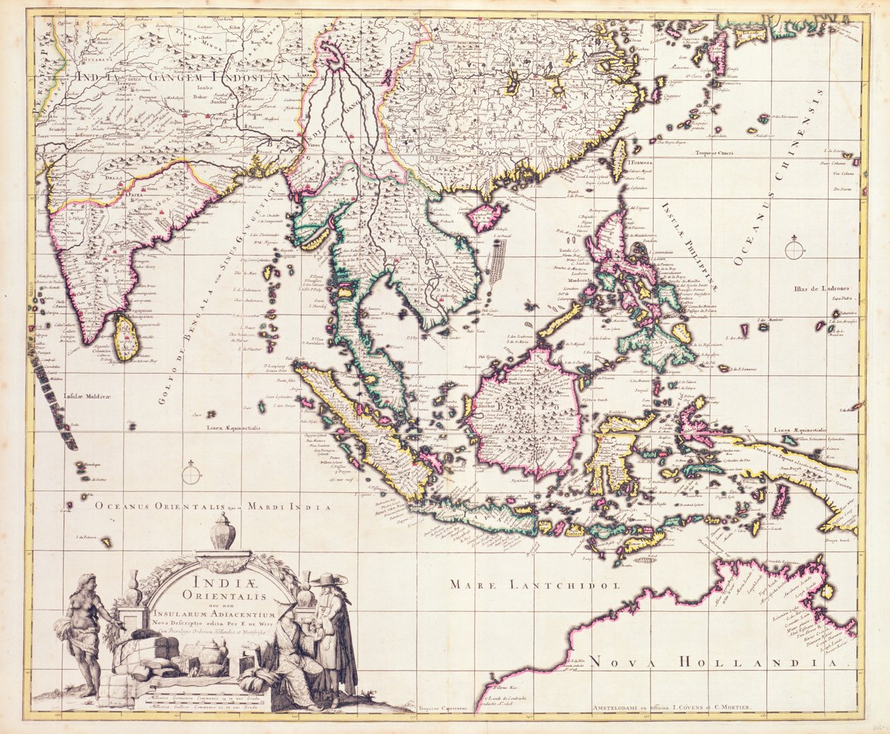 Karta över Indien och Ostindien (handfärgad gravyr) av Frederick de Wit