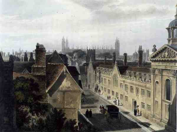 Exteriör av Pembroke College, från ett fönster i Peterhouse, Cambridge, från "The History of Cambridge", graverad av Joseph Constantine Stadler (fl.1780-1812), pub. av R. Ackermann av Frederick (after) Mackenzie