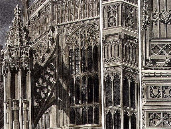 Fragments and Parts of the Exterior of Henry the Seventh Chapel, tavla 12 från Westminster Abbey, graverad av Thomas Sutherland, utgiven av Rudolph Ackermann (1764-1834) 1811 (akvatint) av Frederick (after) Mackenzie