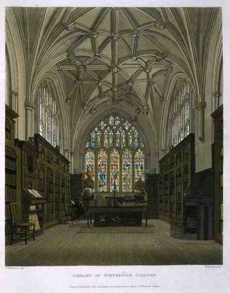 Library of Winchester College, från "History of Winchester College", en del av "History of the Colleges", graverad av William James Bennett (1787-1844) pub. av R. Ackermann av Frederick (after) Mackenzie