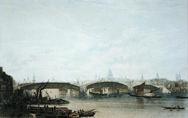 A View of the Southwark Bridge som den såg ut i maj 1818, graverad av W. Bennett efter en teckning av originalet av W.H. Timms av Frederick (after) Nash
