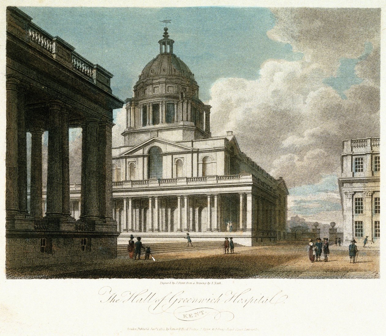 Vy över Greenwich Hospital (Kent, England), beskrivning av kupolen och det nordöstra hörnet av kung Vilhelms (William) gård, med hallens norra fasad målad bakom, och med en del av drottning Marys gård och kapell av Frederick (after) Nash