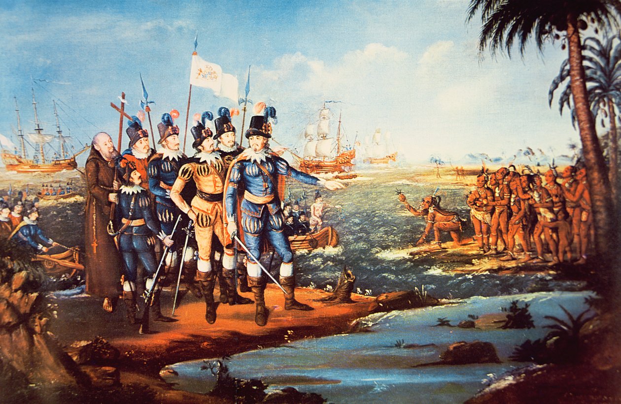 Christopher Columbus landning i den nya världen (olja på duk) av Frederick (attr. to) Kemmelmeyer