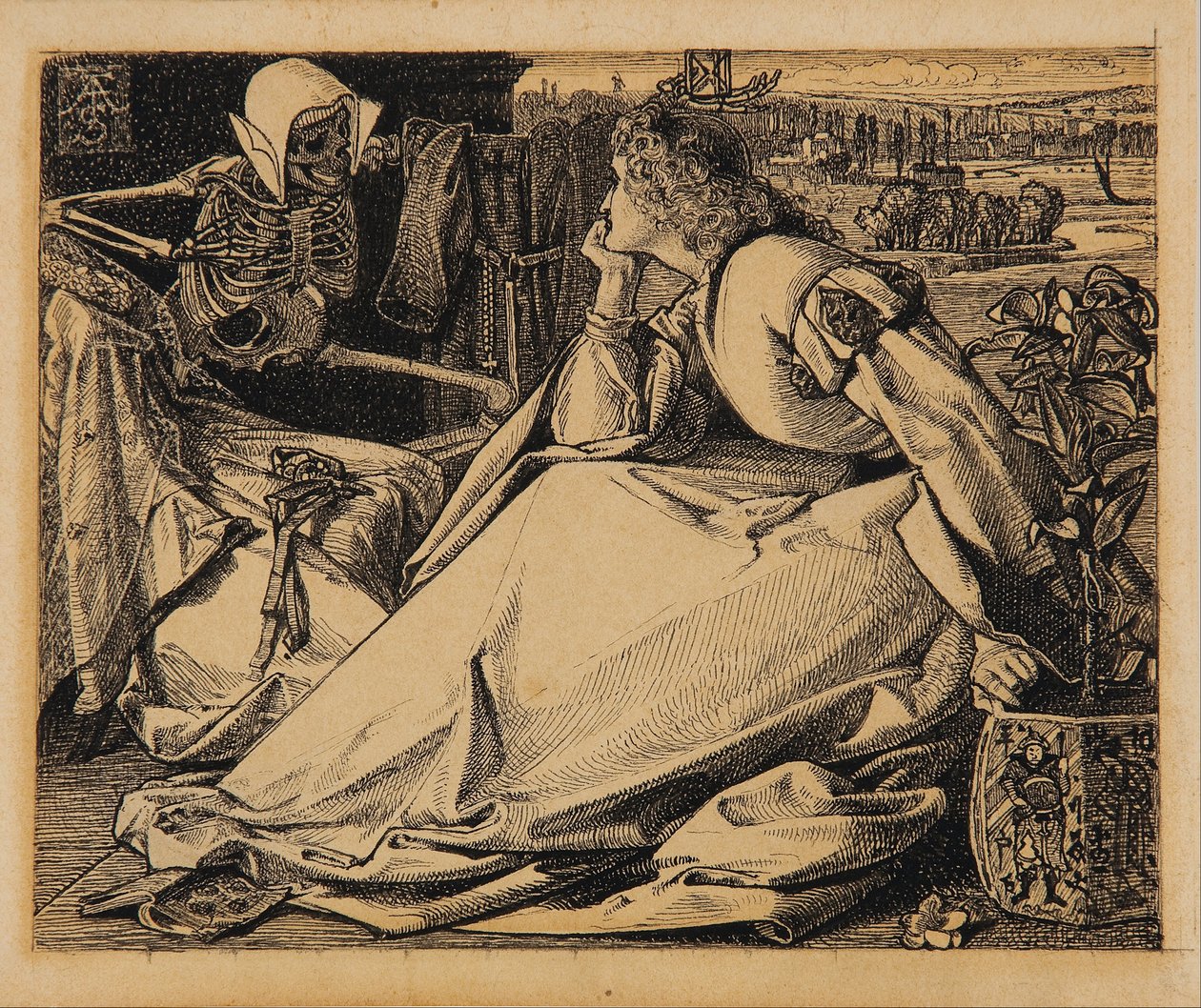 Fram till hennes död förberedande teckning för "Good Words" av Frederick A. Sandys
