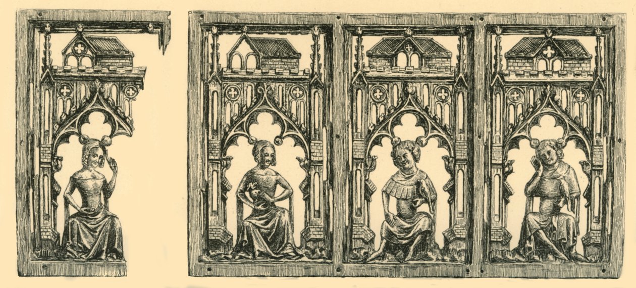 Riddare och damer som sitter under baldakiner, genomborrad panel av elfenben, mitten av slutet av 1300-talet, 1881. av Frederick Albert Slocombe