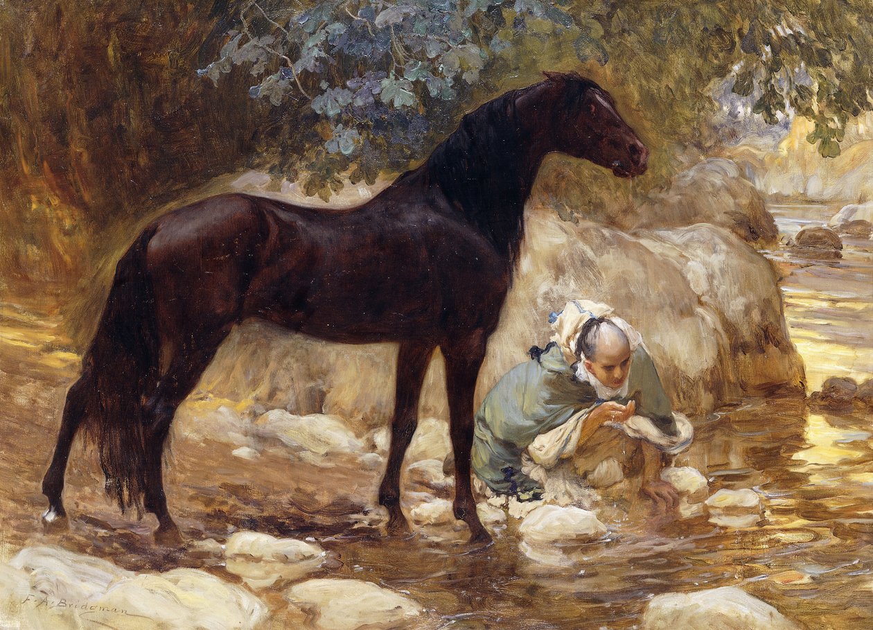 En arab som vattnar sin häst vid en flod, ca 1890-1900 av Frederick Arthur Bridgman