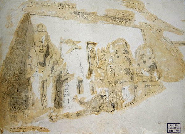 Fyra kolossala statyer av Ramses II (1279-1213 f.Kr.) vid Abu Simbels stora tempel av Frederick Arthur Bridgman