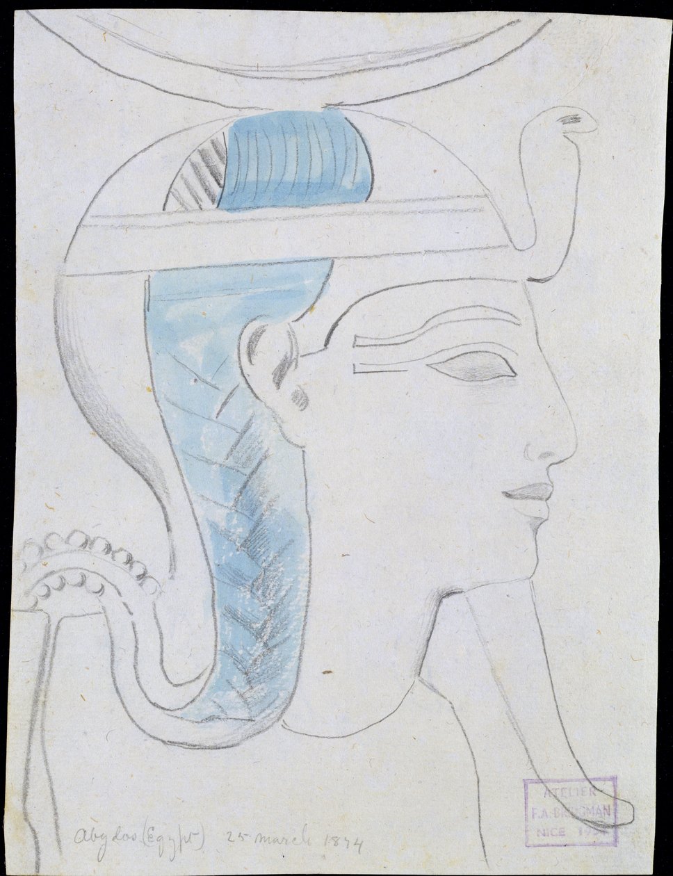 Studie av en relief av guden Khonsus huvud i Seti I:s tempel i Abydos, 1874 (penna och wc på papper) av Frederick Arthur Bridgman