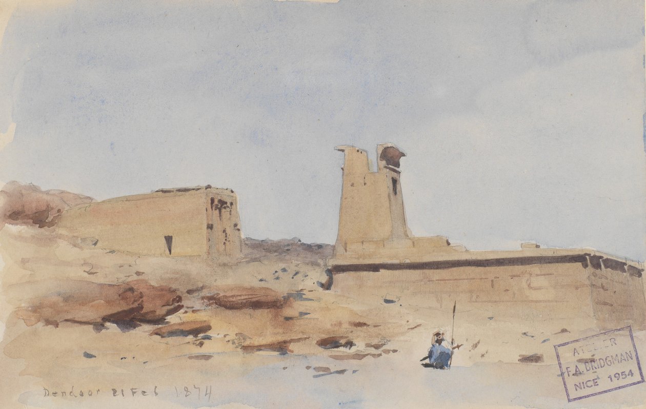 Dendur-templet, visar pylonen och terrassen, 1874. av Frederick Arthur Bridgman
