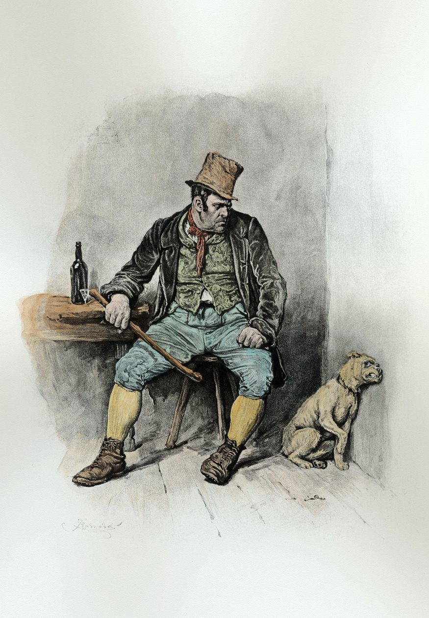 Bill Sykes och hans hund, från "Charles Dickens: A Gossip about his Life", av Thomas Archer, publicerad ca 1894 (litho) (senare färg) av Frederick Barnard